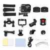 A comprehensive set of action camera accessories arranged neatly on a white background, including mounting straps, brackets, a remote control, a USB cable, a cleaning cloth, and zip ties, with a silver and black 4K action camera shown in the center.