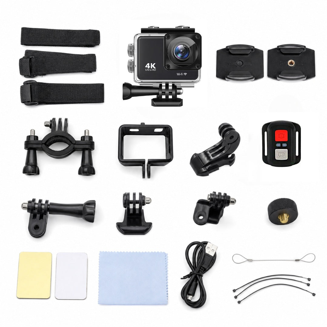 A comprehensive set of action camera accessories arranged neatly on a white background, including mounting straps, brackets, a remote control, a USB cable, a cleaning cloth, and zip ties, with a silver and black 4K action camera shown in the center.