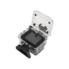 Clear waterproof housing case with a black screen insert and black mounting clip, shown open on a white background.