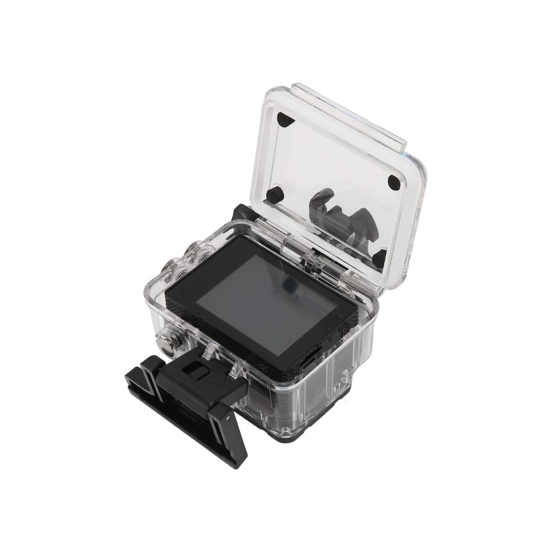Clear waterproof housing case with a black screen insert and black mounting clip, shown open on a white background.