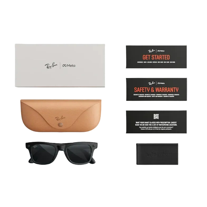 Ray-Ban sunglasses with black frames and dark lenses, shown with a tan leather case, a light gray presentation box, black cards, and a small black pouch on a white background.