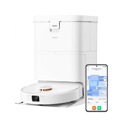 A white Xiaomi robotic vacuum cleaner docked at its matching base, shown on a clean white background with a smartphone displaying a smart home app interface.