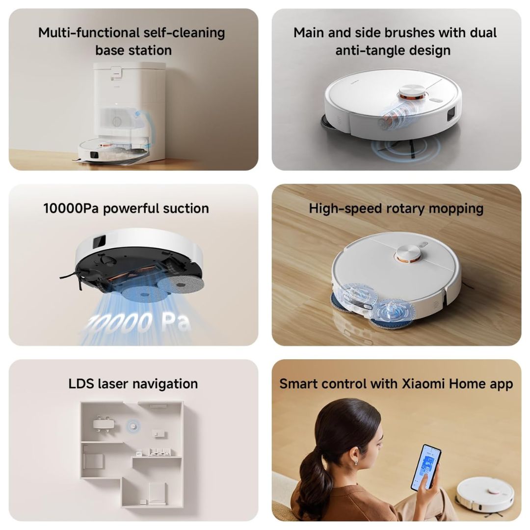 A six-panel promotional collage showing a white robotic floor cleaner in use and feature callouts: multi-functional self-cleaning base station, main and side brushes with dual anti-tangle design, 10000Pa powerful suction, high-speed rotary mopping, LDS laser navigation, and smart control with the Xiaomi Home app. One panel includes a woman holding a phone beside the robot.