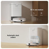 A two-panel marketing graphic showing a white robotic vacuum cleaner and its matching charging dock on a light wood floor against a beige wall. The top panel reads 'All in one station' with icons for 'Self clean system' and 'Air dry,' while the bottom panel reads 'Automatic dust collect' and shows the vacuum charging and collecting dust.