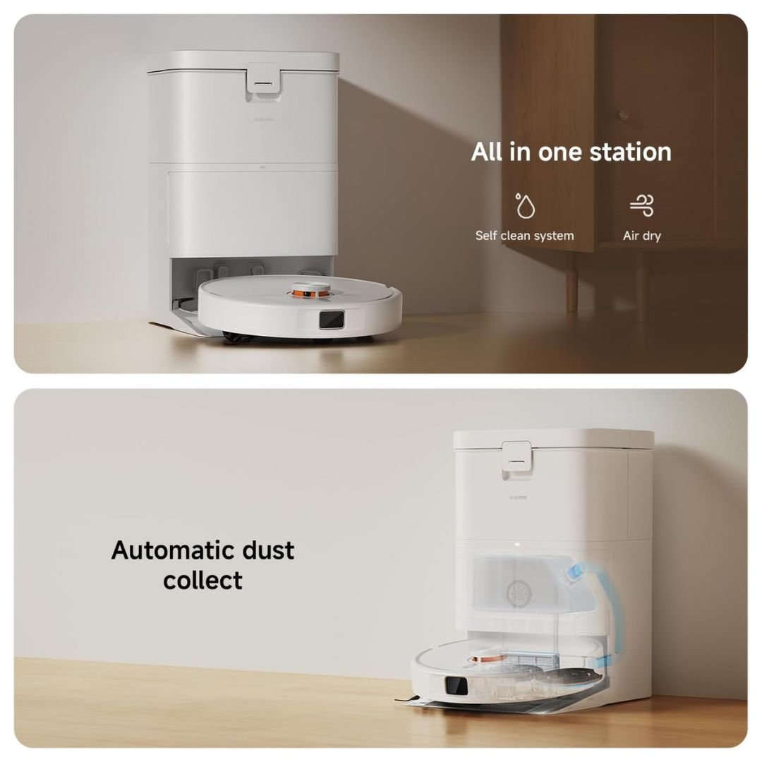 A two-panel marketing graphic showing a white robotic vacuum cleaner and its matching charging dock on a light wood floor against a beige wall. The top panel reads 'All in one station' with icons for 'Self clean system' and 'Air dry,' while the bottom panel reads 'Automatic dust collect' and shows the vacuum charging and collecting dust.