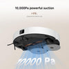 A white and black robotic vacuum cleaner shown from underneath with blue suction stream graphics and text reading '10,000Pa powerful suction' and '>99% large particle collection rate' on a light beige background.