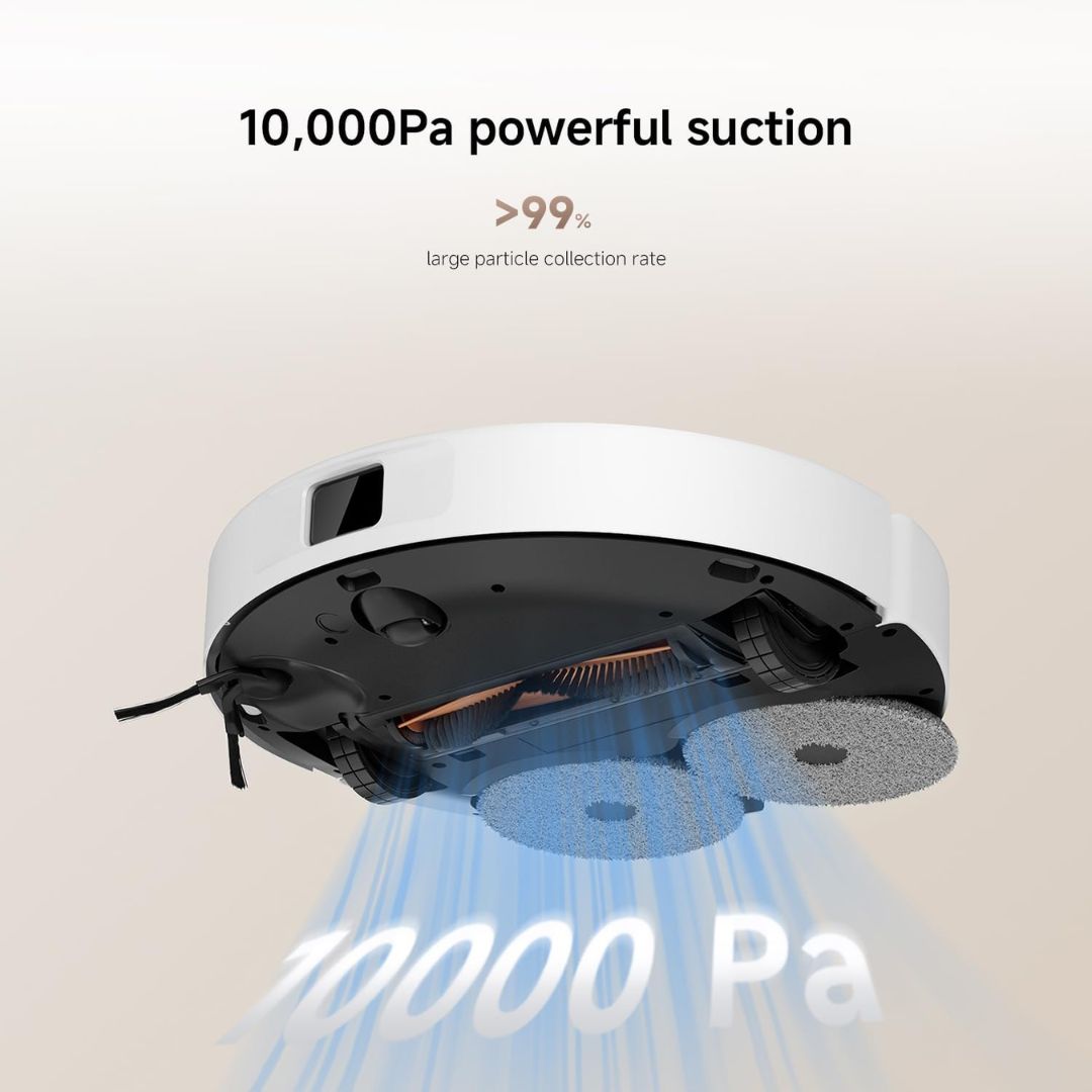 A white and black robotic vacuum cleaner shown from underneath with blue suction stream graphics and text reading '10,000Pa powerful suction' and '>99% large particle collection rate' on a light beige background.
