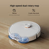 A white robotic floor cleaner with blue transparent brush areas is shown on a light wood floor next to a beige rug. Text above reads 'High-speed dual rotary mop' with icons for 180rpm and 3 water flow levels.