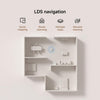 A top-down schematic illustration of a smart home layout with the text 'LDS navigation' above it. Icons and labels indicate features such as quick mapping, route planning, multiple maps, and resume cleaning.