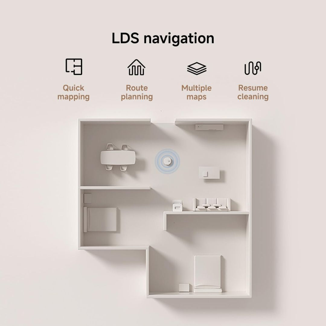 A top-down schematic illustration of a smart home layout with the text 'LDS navigation' above it. Icons and labels indicate features such as quick mapping, route planning, multiple maps, and resume cleaning.