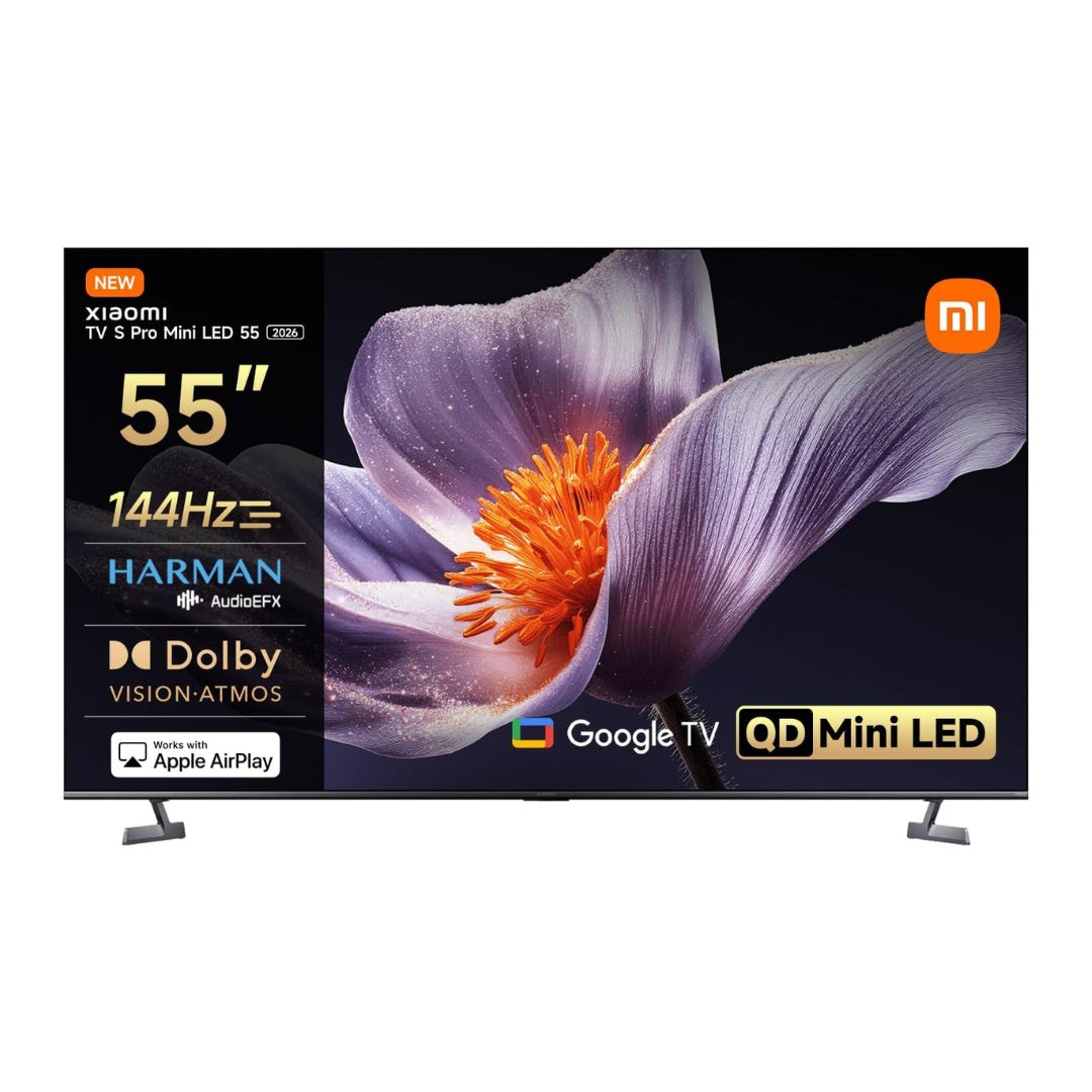 Xiaomi TV with QD Mini LED display featuring a flower on the screen.