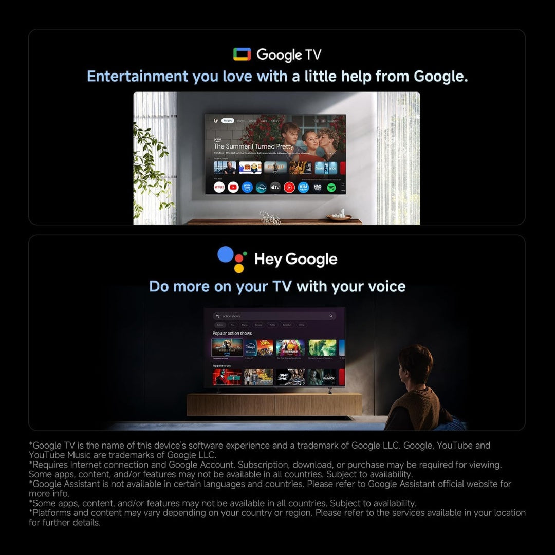 Google TV advertisement with a person using voice commands on their TV.