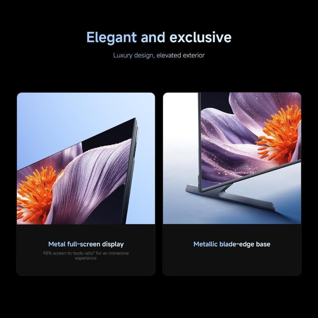 Two views of a device with metal full-screen display and metallic blade-edge base on a black background.