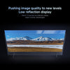 Television displaying a mountain landscape with text about low reflection display technology.