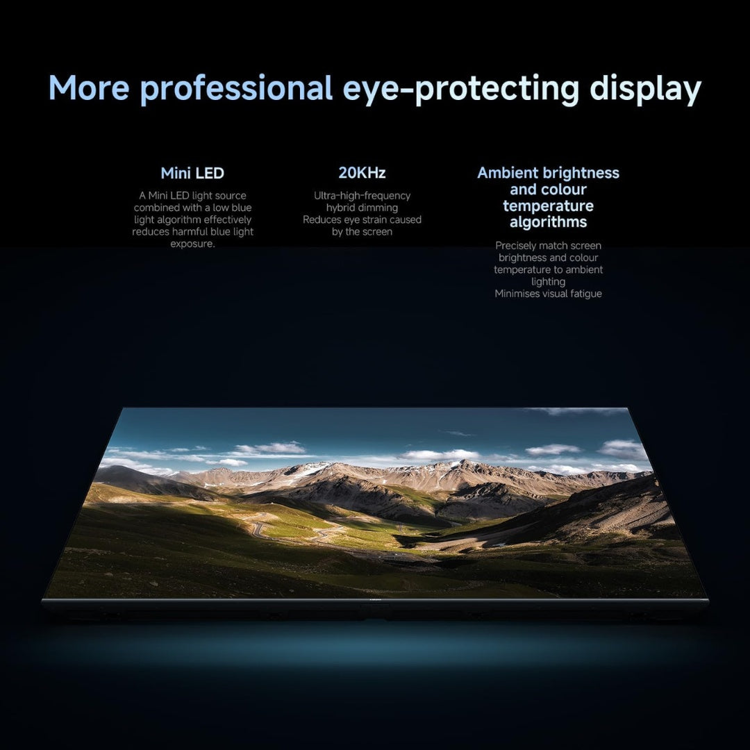 Display with mountain landscape on screen, text about eye-protecting features.