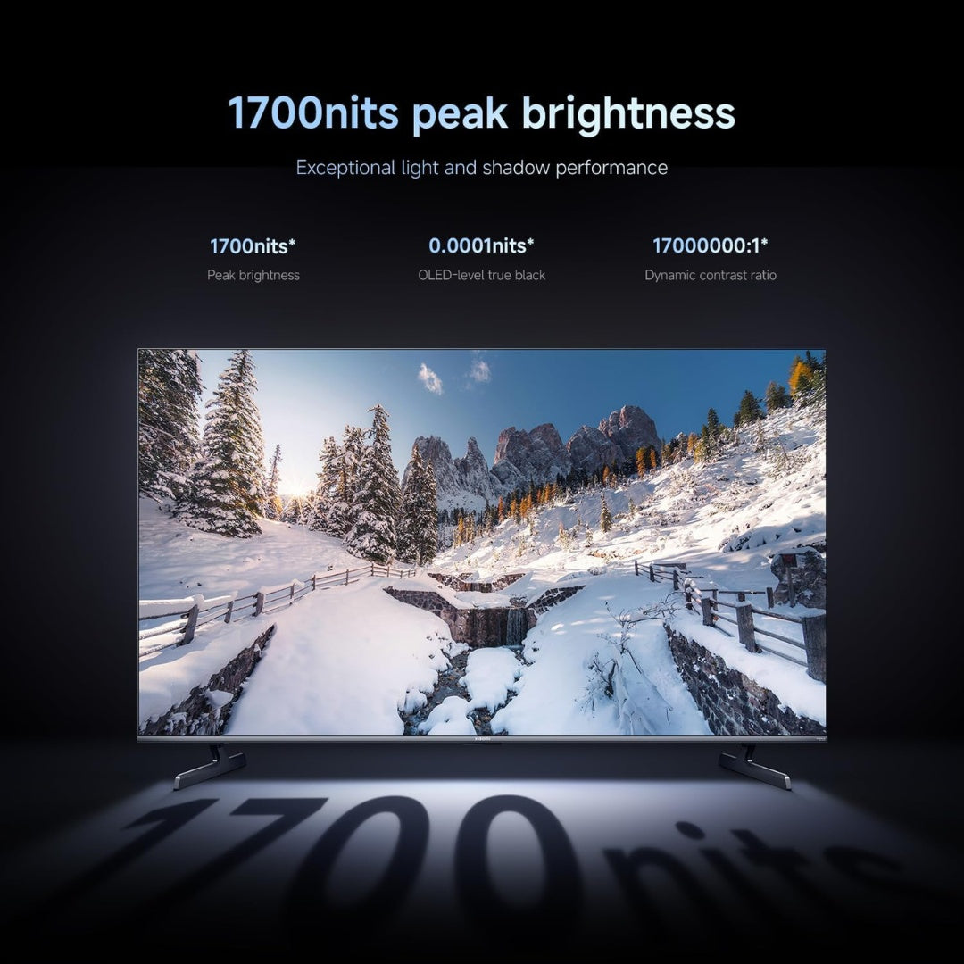 TV screen displaying a snowy landscape with technical specifications above.