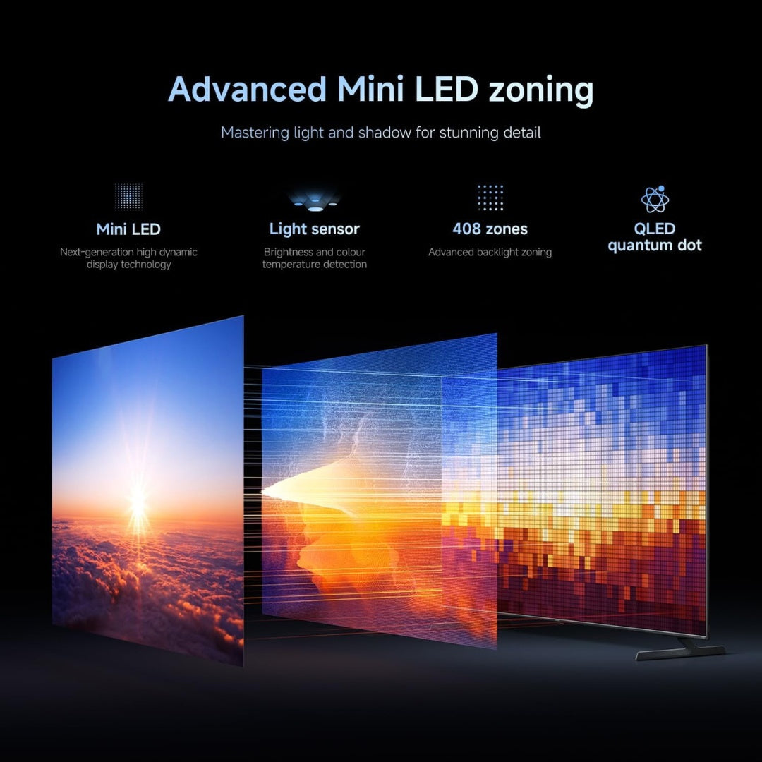 Advertisement of a television with advanced zone Mini LED technology on a dark background.