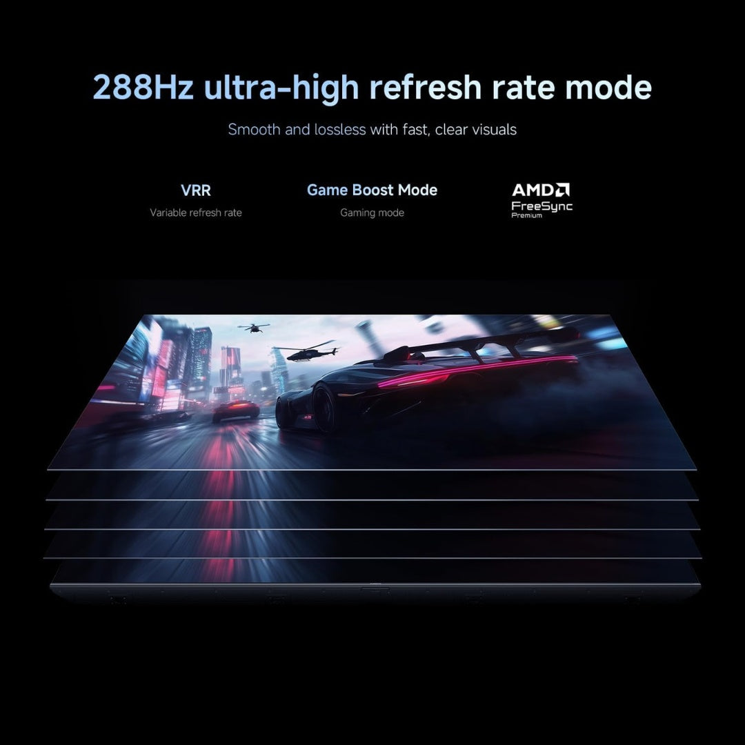 Display of a gaming monitor with 288Hz ultra-high refresh rate mode, VRR, Game Boost Mode, and AMD FreeSync on a black background.
