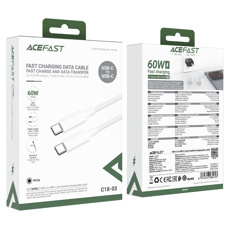 AceFast Charging Data Cable USB-C to USB-C 60W - Cle Market