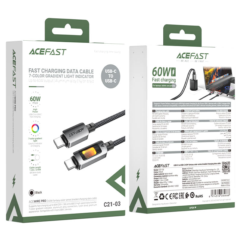 Acefast Charging Data Cable USB-C to USB-C 60W - Cle Market