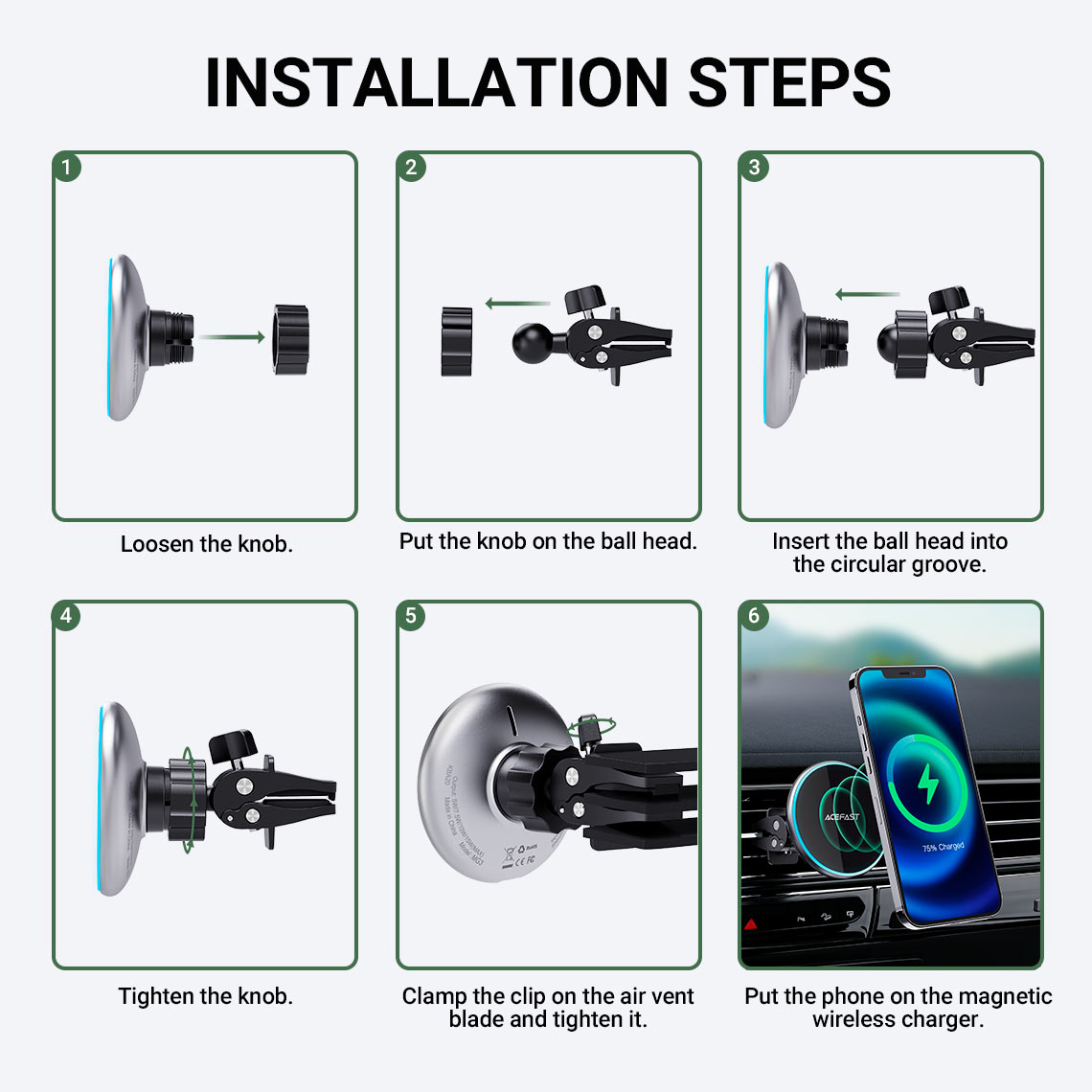 Acefast Fast Wireless Car Charger Mount Magnetic Holder D3 15W