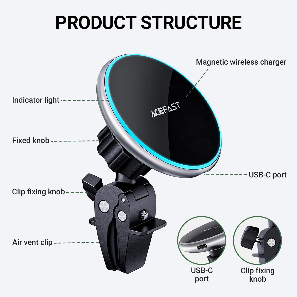Acefast Fast Wireless Car Charger Mount Magnetic Holder D3 15W