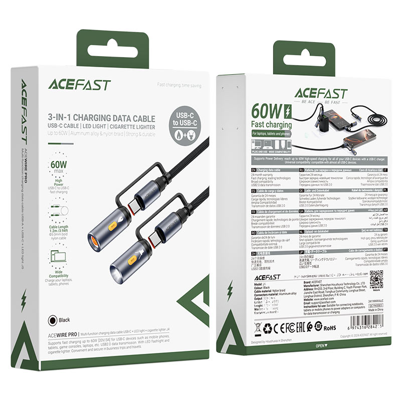 Acefast Charging Data Cable J4 USB-C LED Light Cigarette Lighter - Cle Market