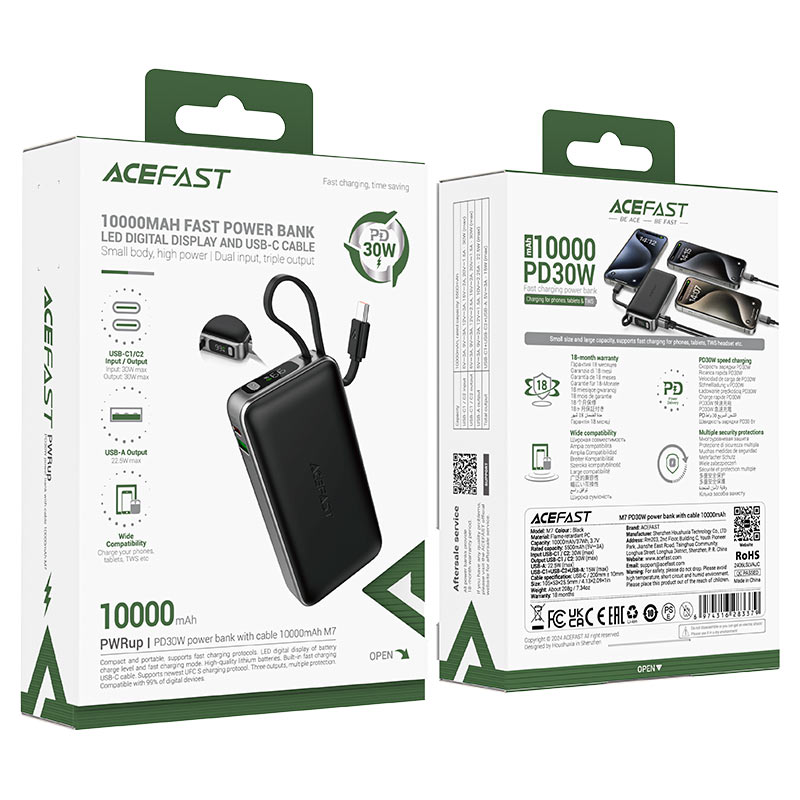 AceFast - AceFast PWRup PD30W Power Bank with Cable 10000mAh M7 - Cle Market