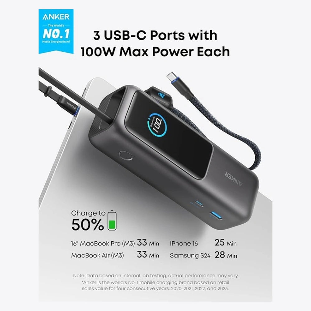 Anker Laptop Power Bank (25K, 165W, Built-In and Retractable Cables)