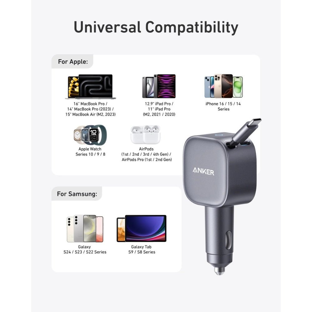 Anker - Anker USB - C Car Charger 75W Built - In Retractable Cable - Cle Market