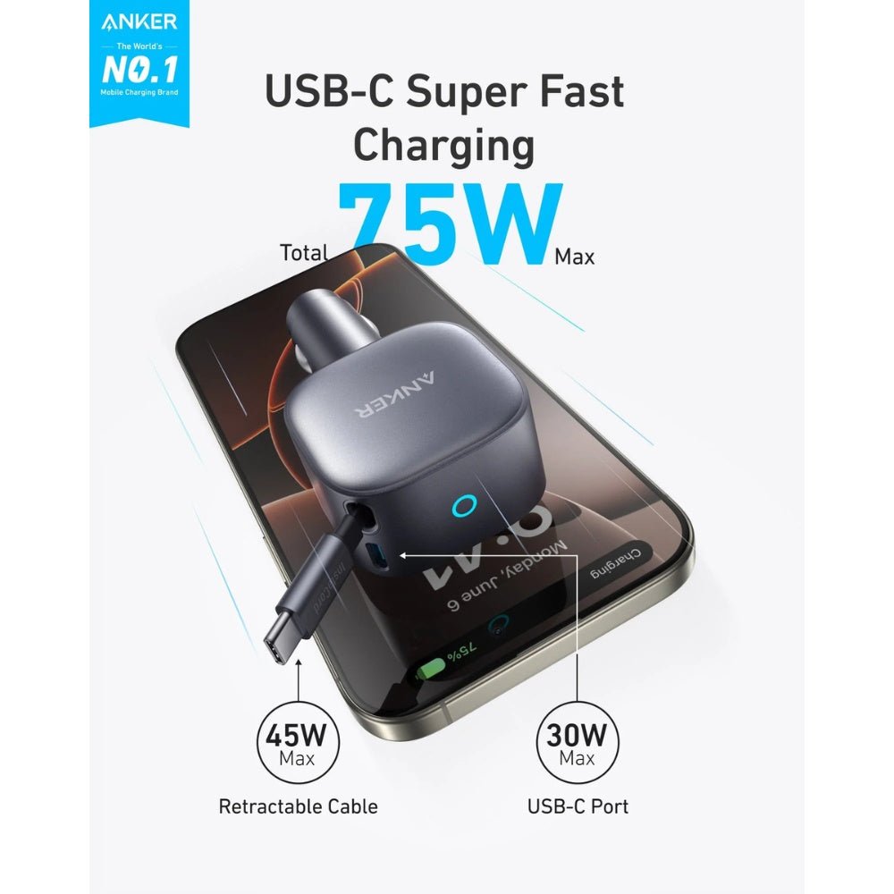 Anker - Anker USB - C Car Charger 75W Built - In Retractable Cable - Cle Market