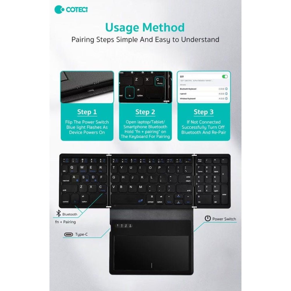 Coteci - Coteci Folding Keyboard with TouchPad - Cle Market