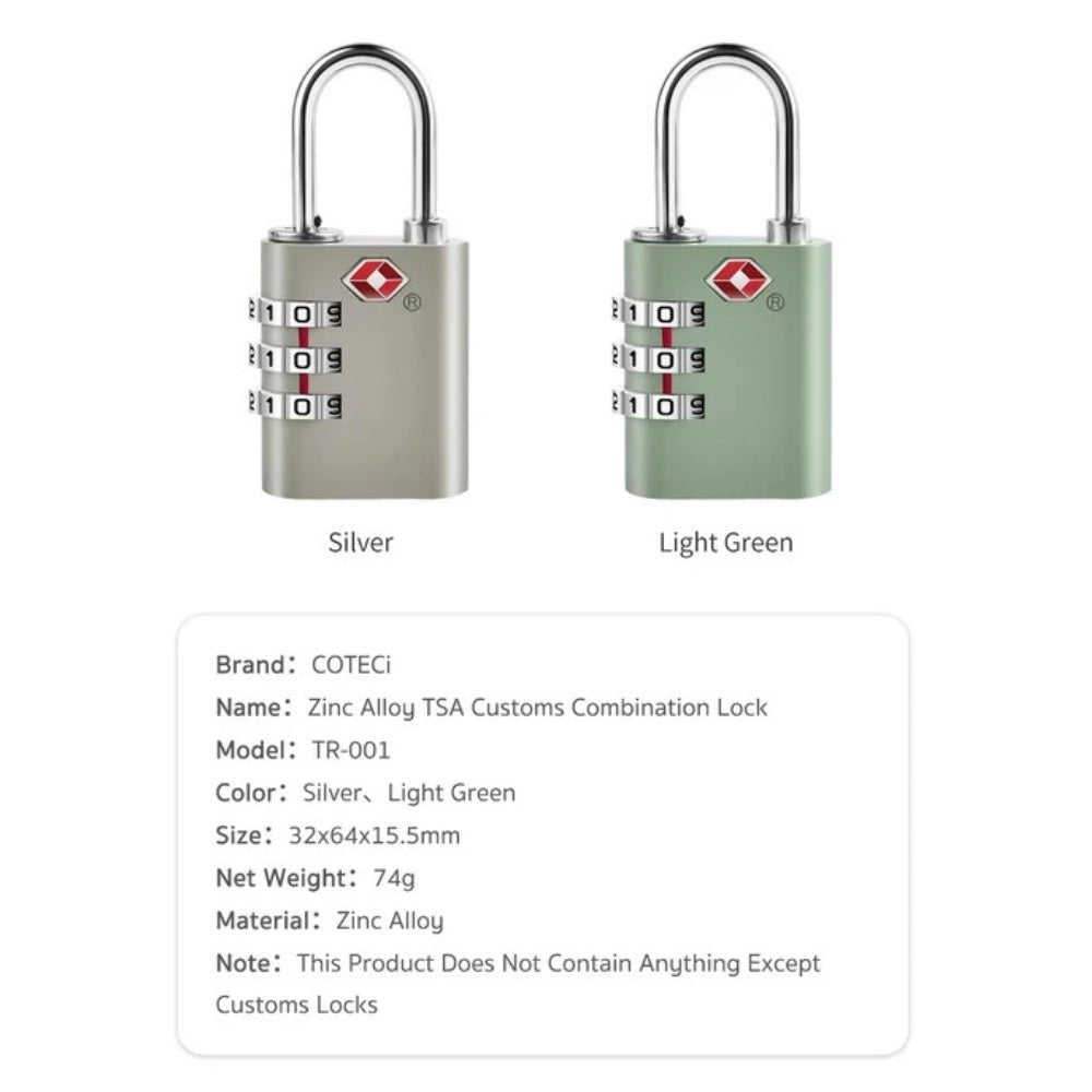 Coteci - Coteci Zinc Alloy TSA Lock 3 Digit Combination Code Lock - Cle Market