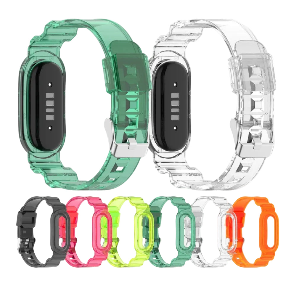 Transparent silicone replacement bands for fitness trackers, shown in multiple translucent colors including mint green, clear, black, pink, neon yellow, teal, clear, and orange.