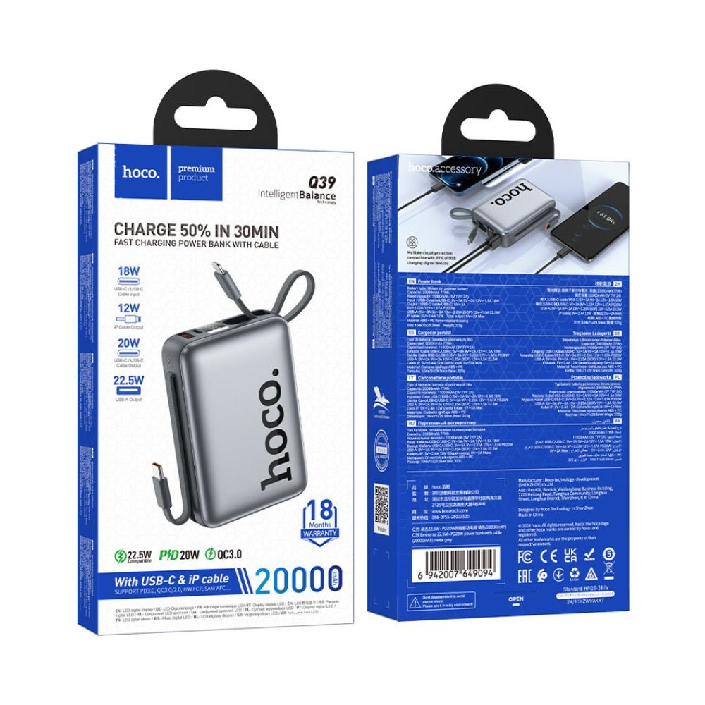 Hoco - Hoco 18W Power Bank 20000mAh Built - in Cable Q39 - Cle Market