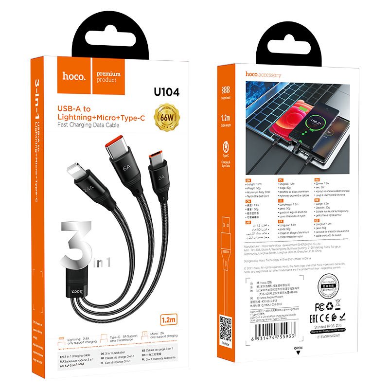 Hoco - Hoco 3 in 1 Fast Charging Cable U104 - Cle Market