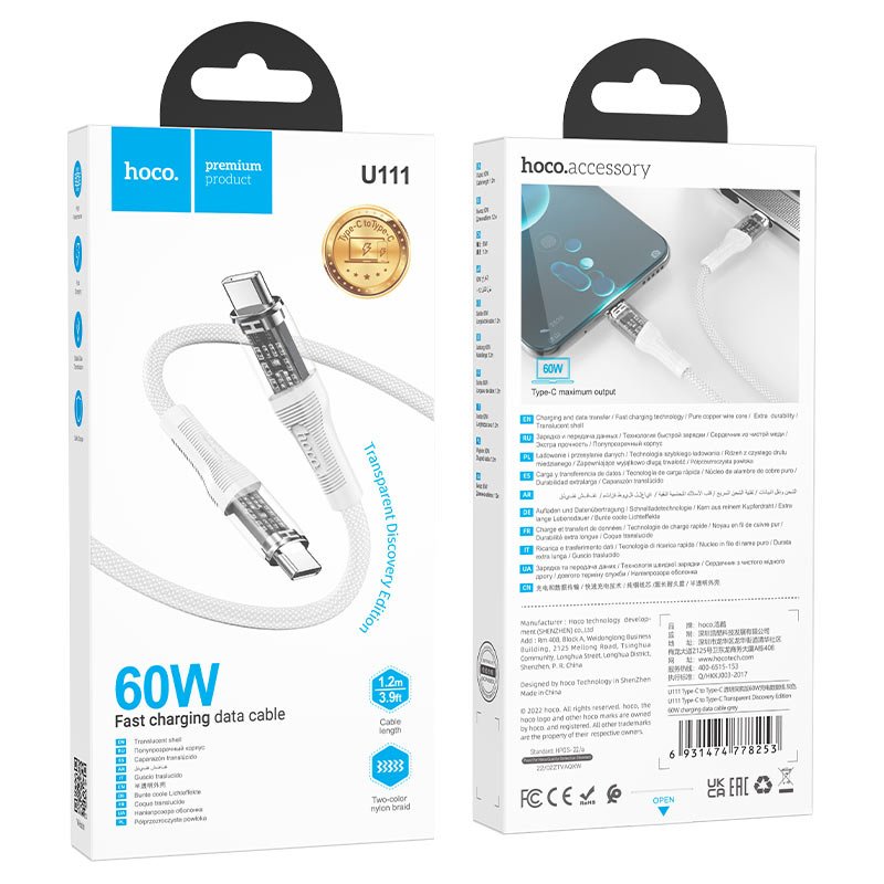 Hoco - Hoco 60W Transparent Braided USB - C Cable U111 - Cle Market