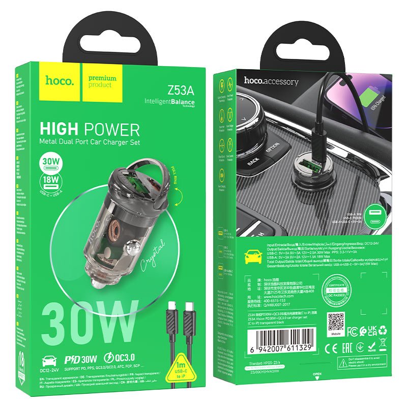 Hoco - Hoco Dual Port Car Charger 30W with USB - C to Lightning Cable Z53A - Cle Market