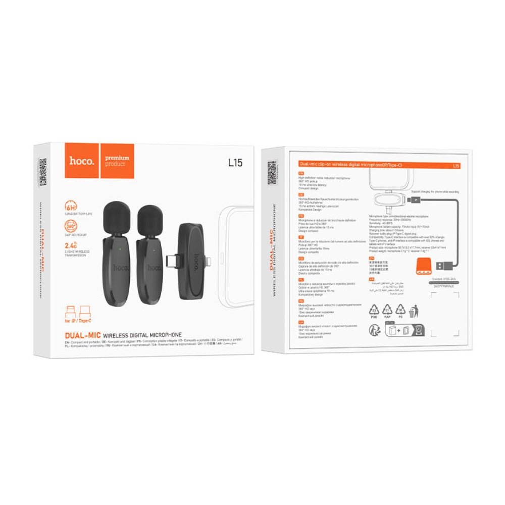 Hoco - Hoco L15 Dual Wireless Microphone Clip - ON Lightning and USB - C - Cle Market