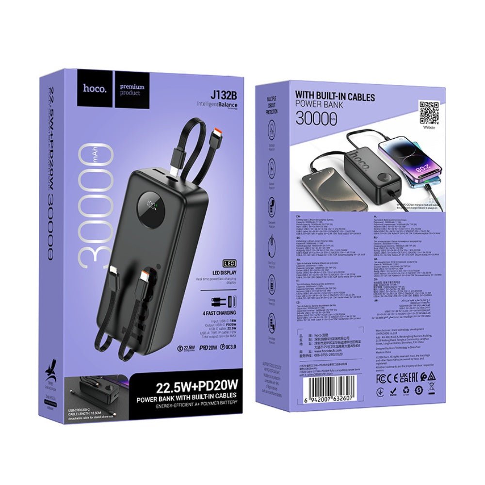 Hoco - Hoco PD20W Power Bank Built - in Cable 30000mAh J132B - Cle Market