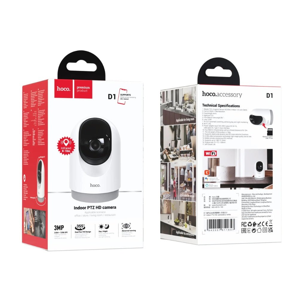 Hoco PTZ HD 3MP indoor camera D1 with a sleek design and adjustable lens for versatile surveillance.