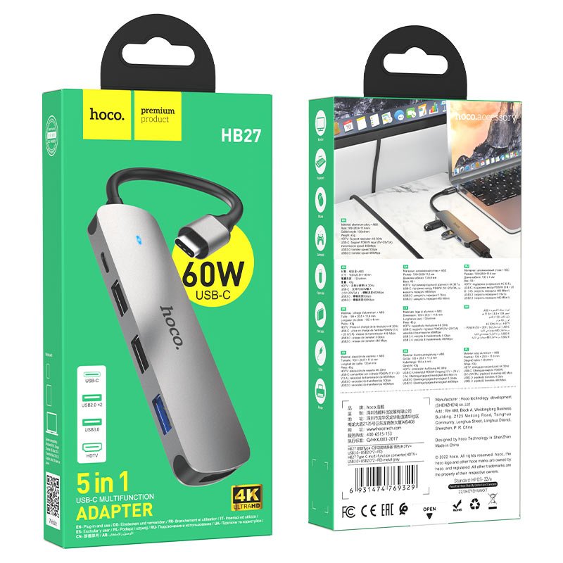 Hoco - Hoco USB - C 5 - in - 1 Hub 60W HB27 - Cle Market