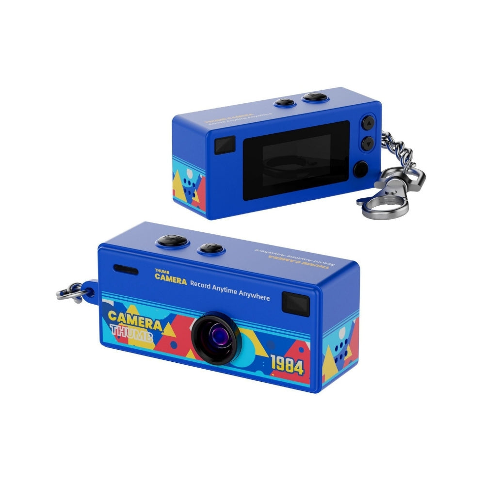 Dark blue mini G6 Keychain Camera capturing photos and videos, compact design, with keyring attachment for everyday carry.