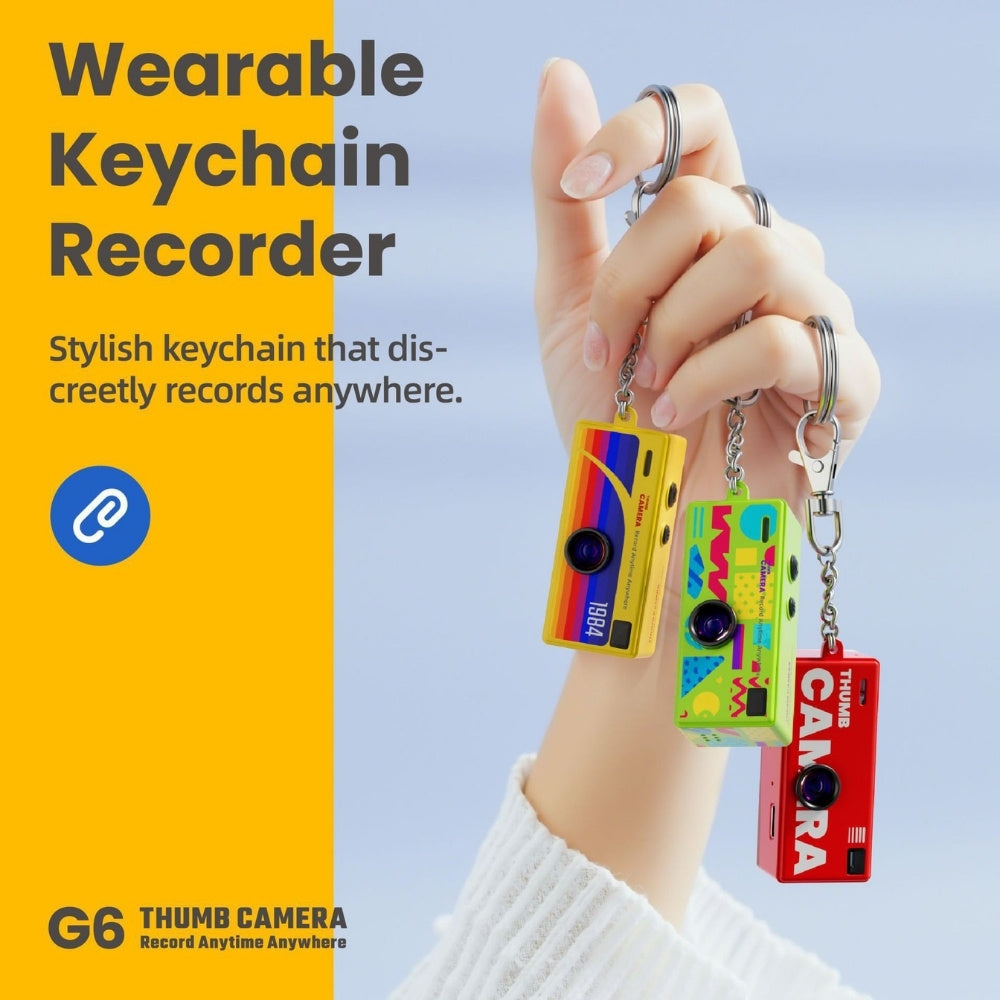 Mini G6 Keychain Camera capturing photos and videos, compact and portable design with lens and keychain attachment visible.