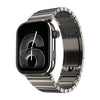 A dark metallic smartwatch band with a rectangular watch face, shown on a clean white background.