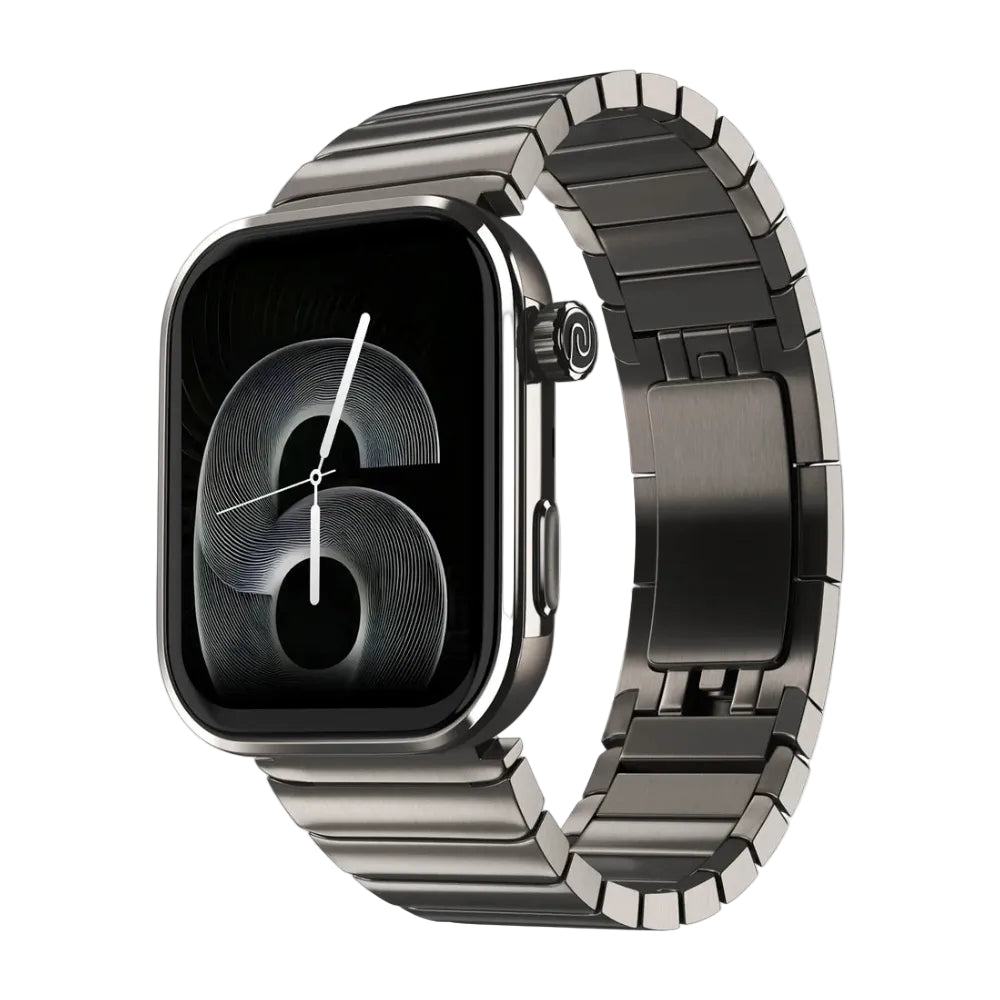 A dark metallic smartwatch band with a rectangular watch face, shown on a clean white background.