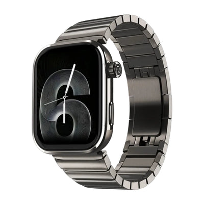 A dark metallic smartwatch band with a rectangular watch face, shown on a clean white background.