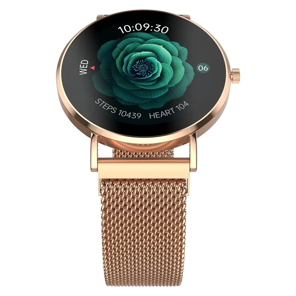 A round smartwatch with a rose gold metal case and matching mesh band, shown on a plain white background. The watch face is black with a green rose graphic and digital time and activity readouts.