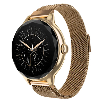A gold-tone smartwatch with a black face displaying a celestial hand design, paired with a matching gold-tone mesh band, shown on a plain white background.