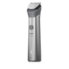 A Philips All-in-One wet & dry grooming device in metallic silver and dark gray, featuring a power button and brand logo on the front, set against a plain white background.